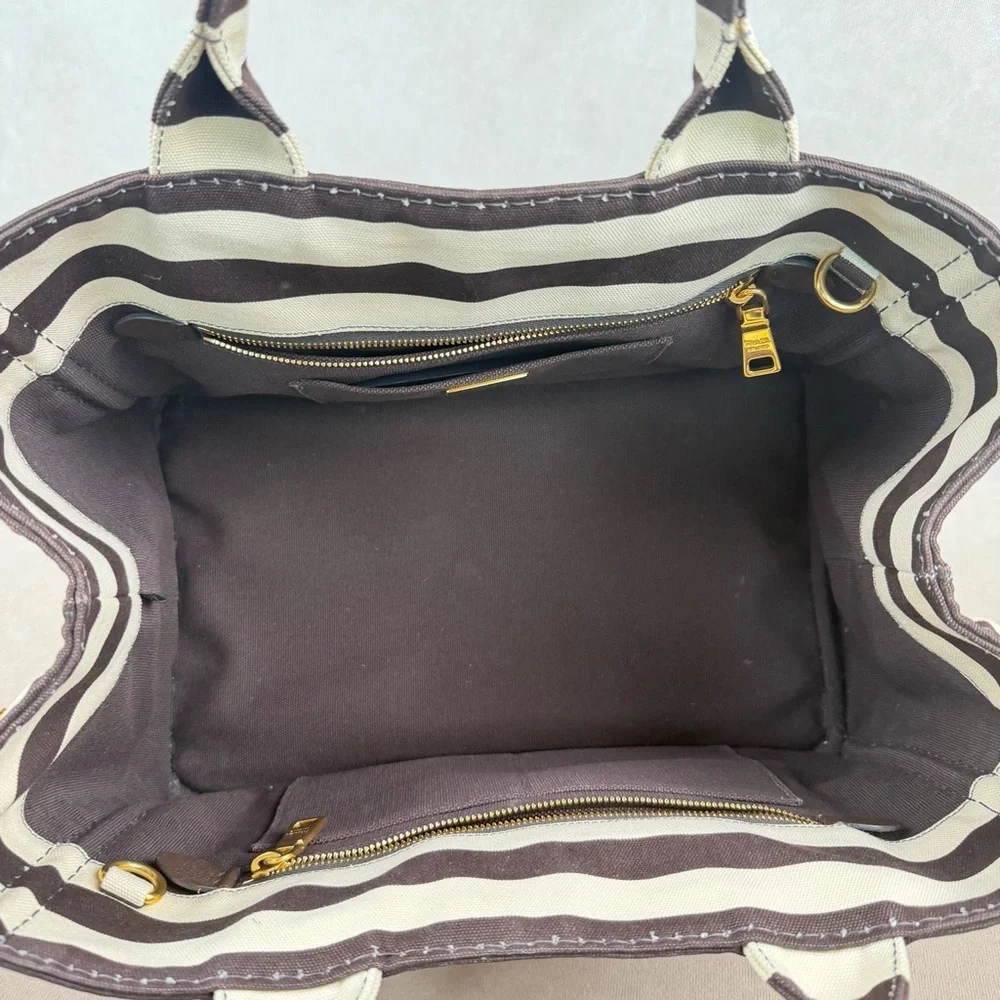 Prada Canapa Tote Chocolate Brown & Ivory Stripes w Strap + Dust Bags